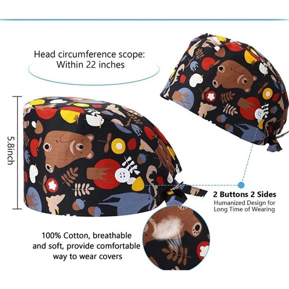Bear Leaf Floral 100% Cotton 2 Button Adjustable Working Medical Cap - Picture 3 of 6